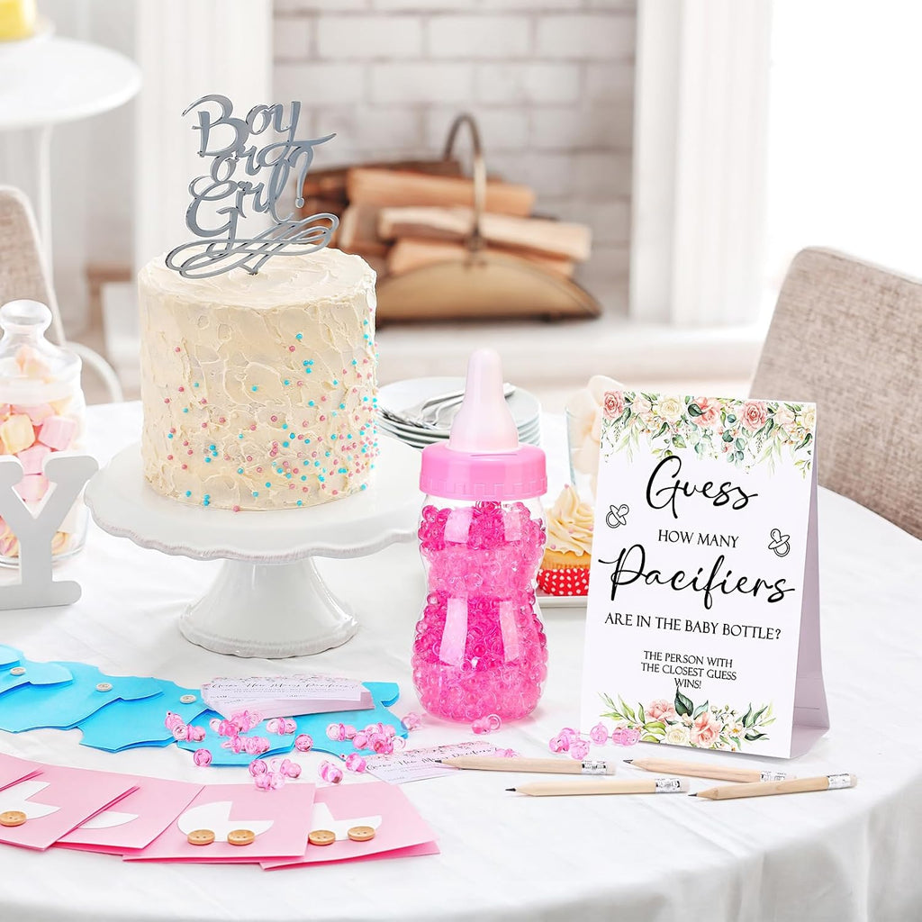 Roowest 512 Pcs Baby Shower Games Guess How Many Pacifiers Sign 100 Small Guessing Games 10 HB Pencils 750ml Milk Bottle 400 Acrylic Pacifiers Decoration for Guest Gender Reveal(Pink,Flower)