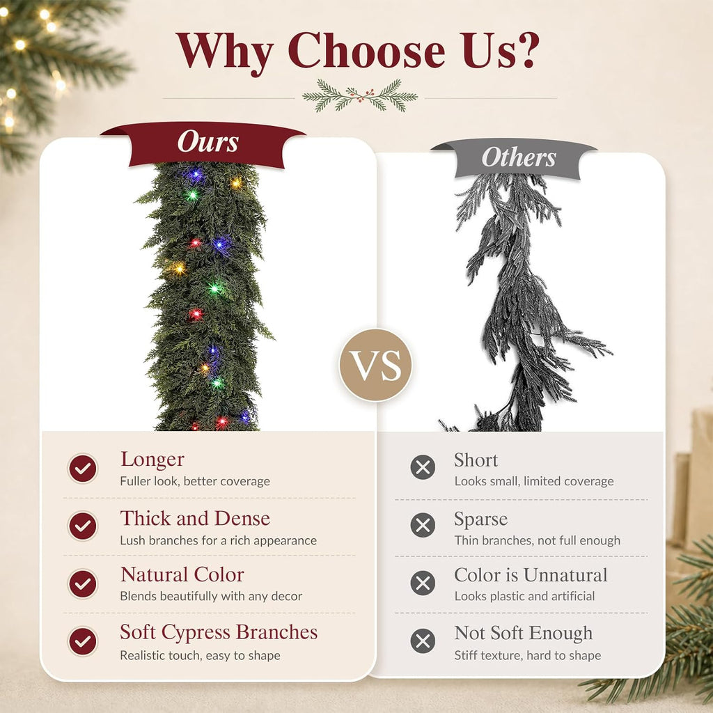 9ft pre-lit cedar christmas garland with lights, real showing dimensions