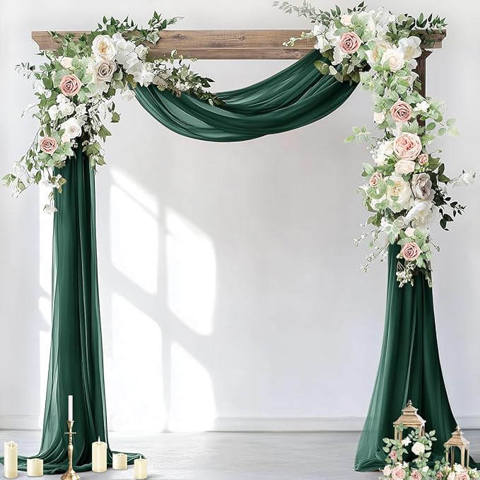 Socomi Wedding Arch Draping Fabric 3 Panels 29" x 19Ft Emerald Green Sheer Chiffon Curtain Drapes 6 Yards for Wedding Ceremony Birthday Party Decoration