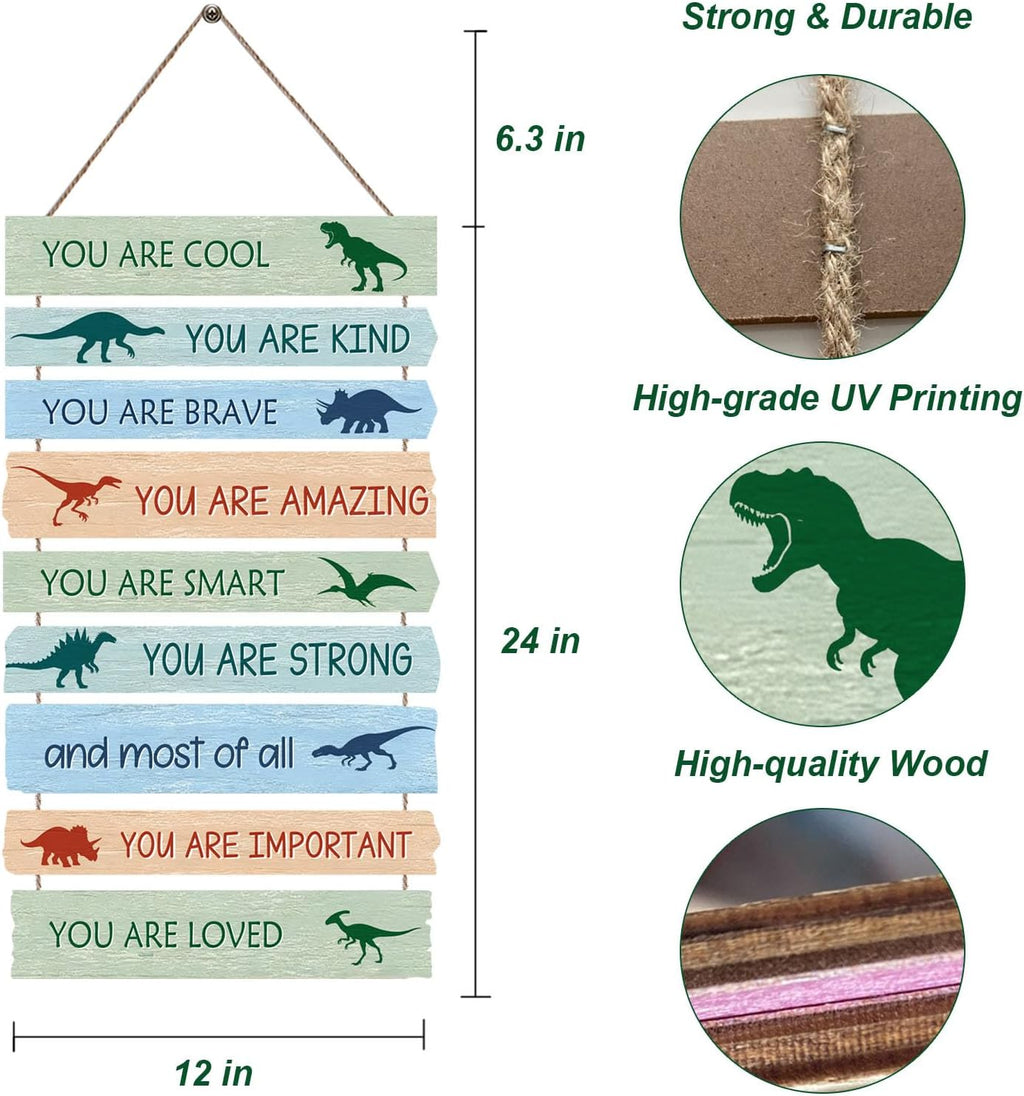 Dinosaur Wall Decor for Boys Room, 9-Piece Inspirational Wooden Signs with Positive Affirmations, Dino Nursery Decor for Toddler Kids Bedroom, Baby Boy Room Art with Motivational Quotes