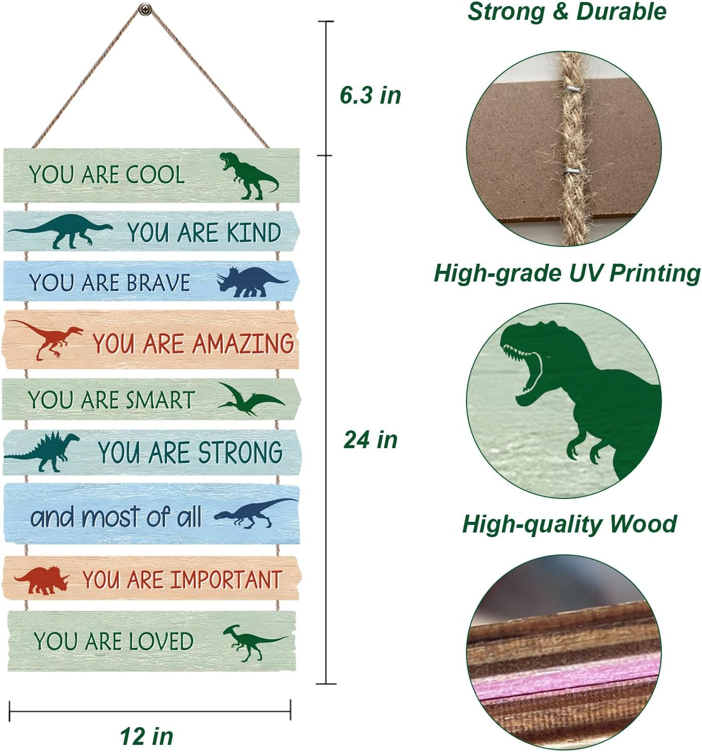 Dinosaur Wall Decor for Boys Room, 9-Piece Inspirational Wooden Signs with Positive Affirmations, Dino Nursery Decor for Toddler Kids Bedroom, Baby Boy Room Art with Motivational Quotes