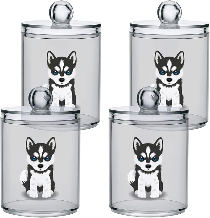 2 Pack Qtip Dispenser Apothecary Jars Dog Bathroom Organizer, Siberian Husky Puppy Qtip Holder Storage Canister Plastic Acrylic Jar for Cotton Ball/Swab/Rounds
