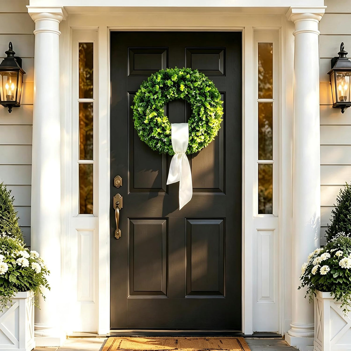 cleangor artificial boxwood wreaths for front door, close-up detail
