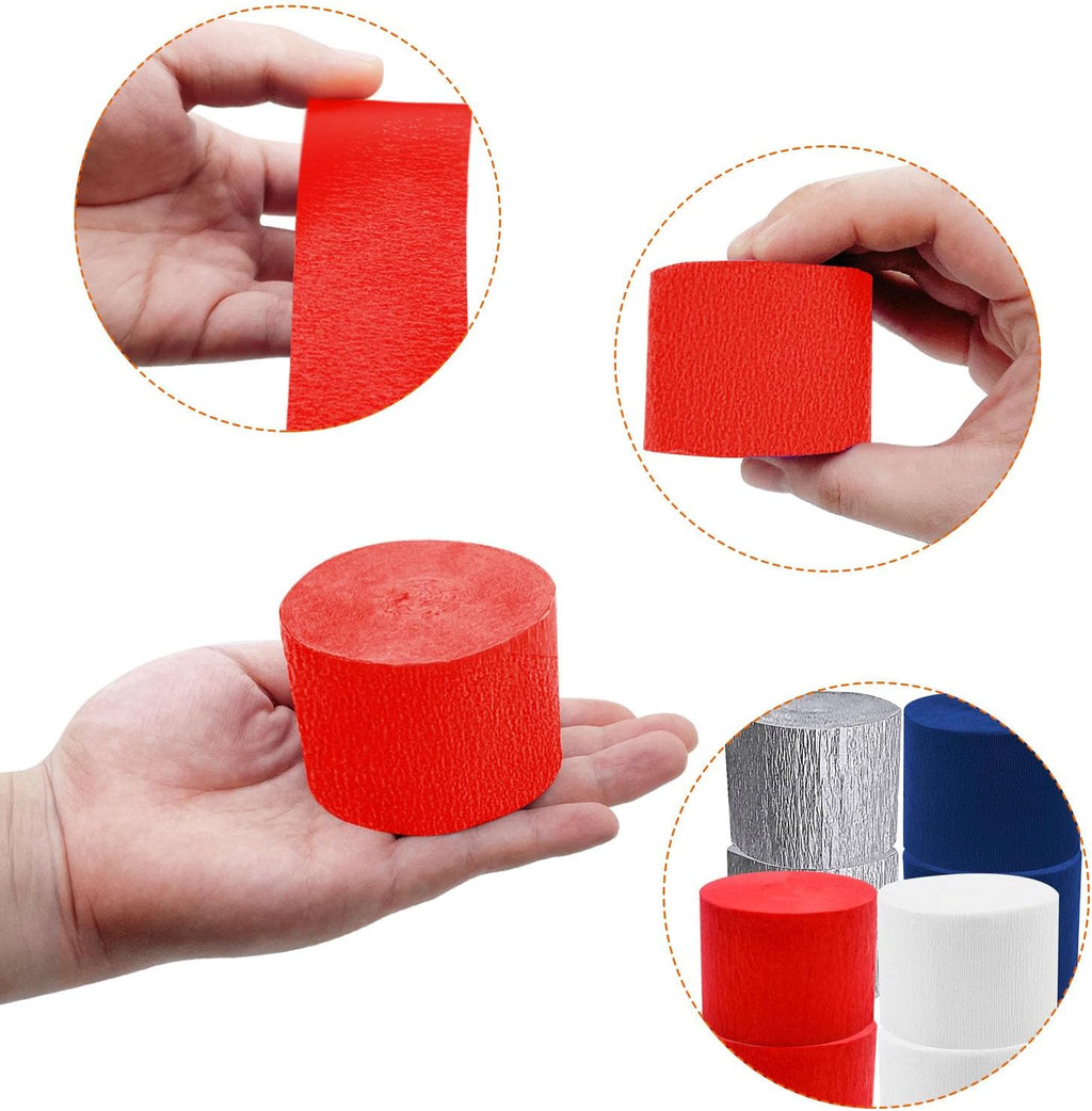 PheiLa Crepe Paper Streamers 4 Rolls 328ft, Red White Blue Silver Paper Party Streamers Patriotic Decorations for 4th of July Independence Day Memorial Day Birthday Wedding Party Decoration