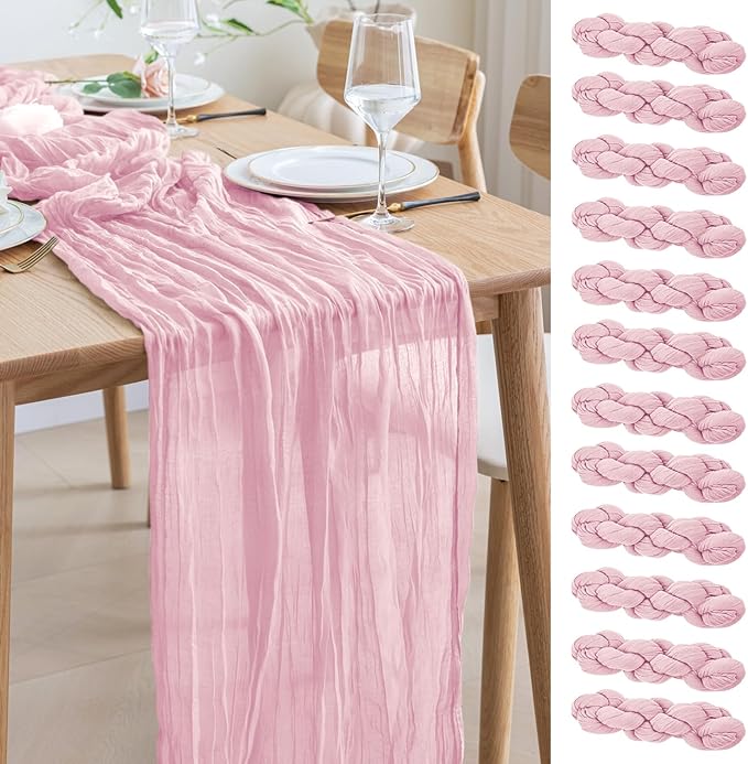 Asee'm 12pcs Cheesecloth Table Runner 120 Inches Blushing Pink Boho Gauze Cheese Cloth Runner 10FT Rustic Sheer Table Runners for Summer Wedding Baby Shower Holiday Party Decoration