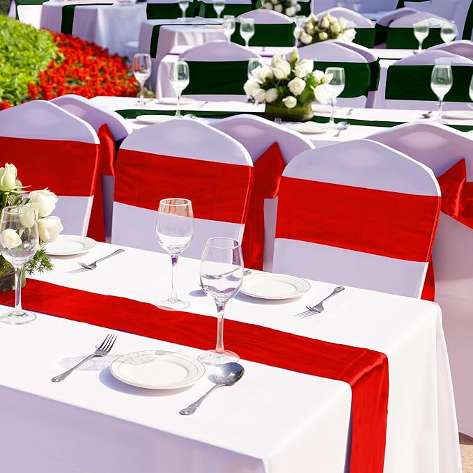 Aneco 12 Pack Christmas Satin Table Runner 12 x 108 Inch Xmas Red, Black Green Long Wedding Satin Silk Table Runner for Wedding Banquet Graduations Birthday Christmas Party Decoration