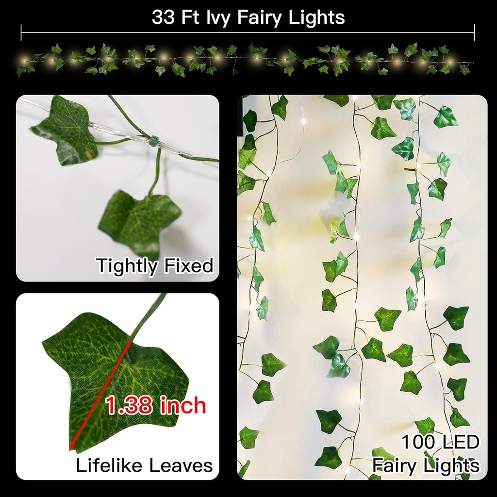 suddus Vine with Fairy Lights Battery Operated, 33ft 100 LED Ivy String Lights with Remote, Leaf Lights for Bedroom, Room, Wall, Garden, Party, Wedding Dorm Decor (Warm White)