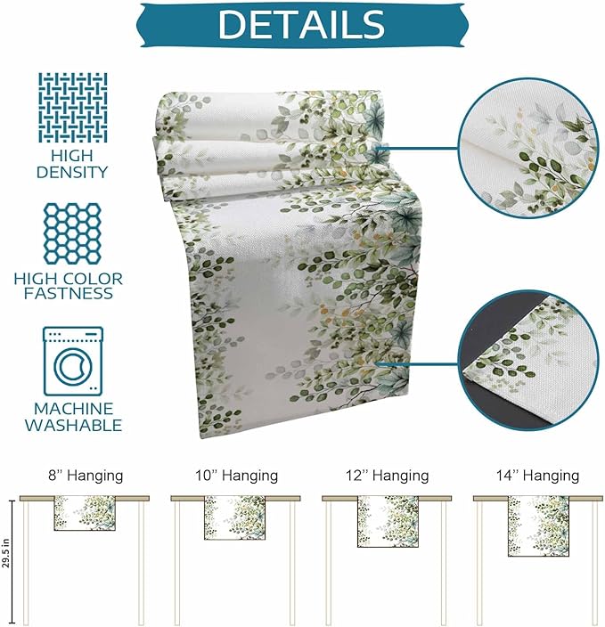 Sage Green Eucalyptus Cotton Linen Table Runner for Dining Kitchen, Farmhouse Leaves Wedding Outdoor Party Tablerunners Decoration Botanical Floral Dresser Scarf Coffee Tablecloth Runners 13x48 Inches