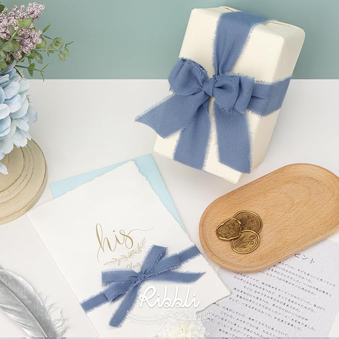 Ribbli 3 Rolls Dusty Blue Ribbon 1.5 Inch x 18Yards Handmade Cotton Frayed Fringe Ribbons for Gift Wrapping Wedding Invites Bridal Bouquets Baby Shower DIY Crafts Home Decor