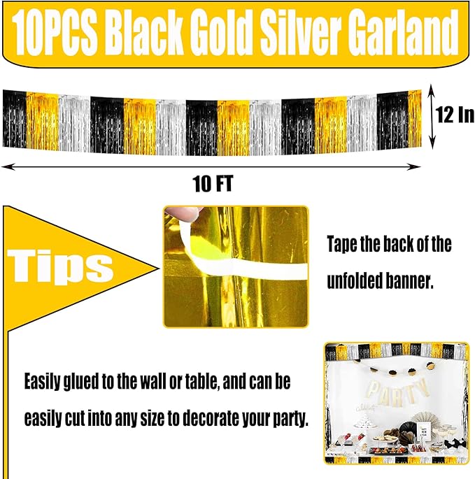 10 Pack 10 Feet Foil Fringe Garland Metallic Tinsel Streamers Banner Wall Hanging Backdrop for Parade Floats, Notorious One Birthday Roaring 20s Graduation Party Decorations(Black Gold Silver)