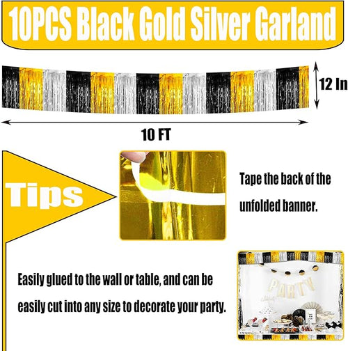 10 Pack 10 Feet Foil Fringe Garland Metallic Tinsel Streamers Banner Wall Hanging Backdrop for Parade Floats, Notorious One Birthday Roaring 20s Graduation Party Decorations(Black Gold Silver)