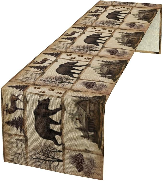 Rustic Cabin Table Runner, Retro Moose Cone Deer Bear Farmhouse Lodge Table Runner for Dinner Living Room Kitchen Vintage Country Cottage 13x36 Inch