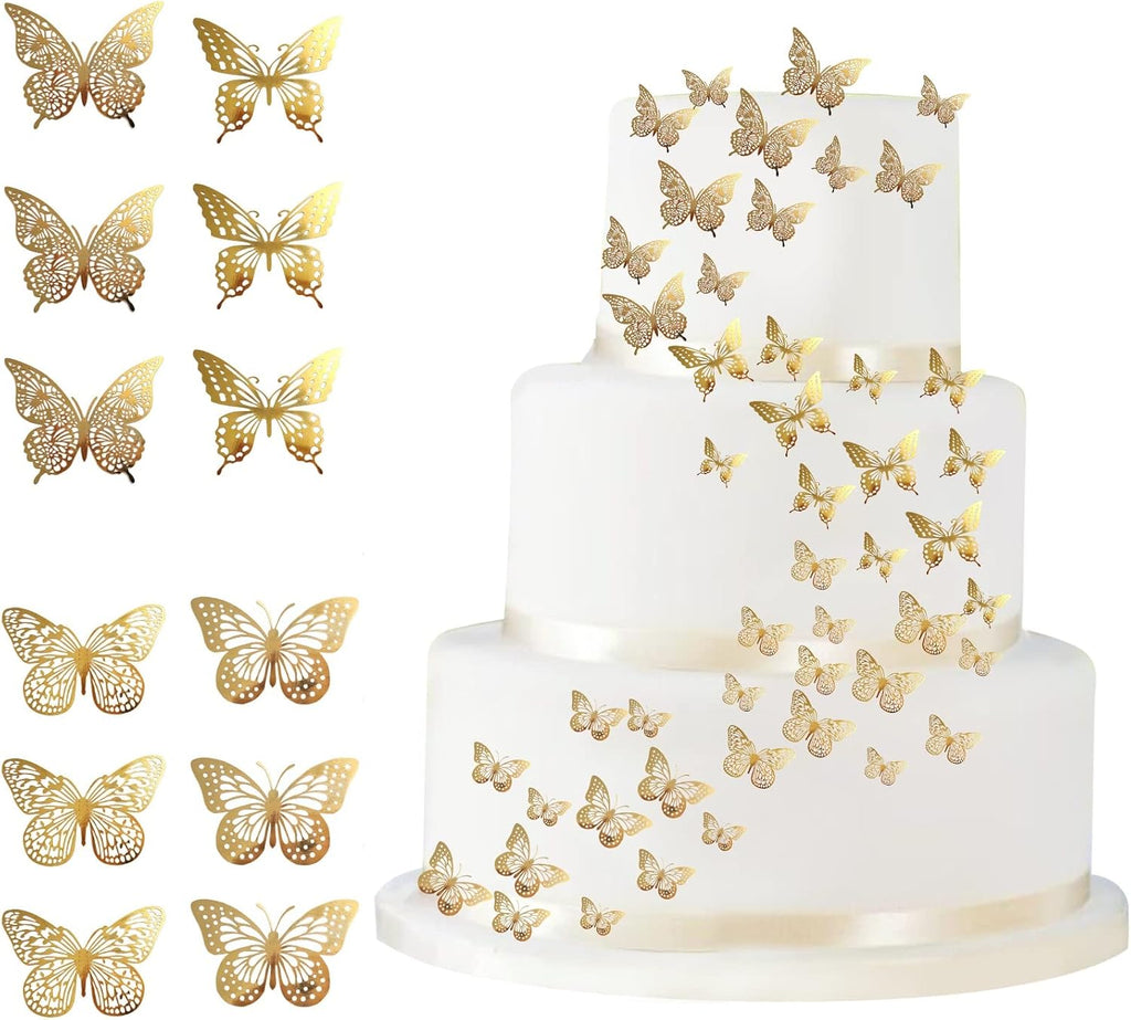 VEGCOO 48PCS Gold 3D Butterfly Cupcake Toppers, Hollow Buterfly Party Cake Decoration Butterfly Stickers for Birthday Wedding Party/Wall Decoration