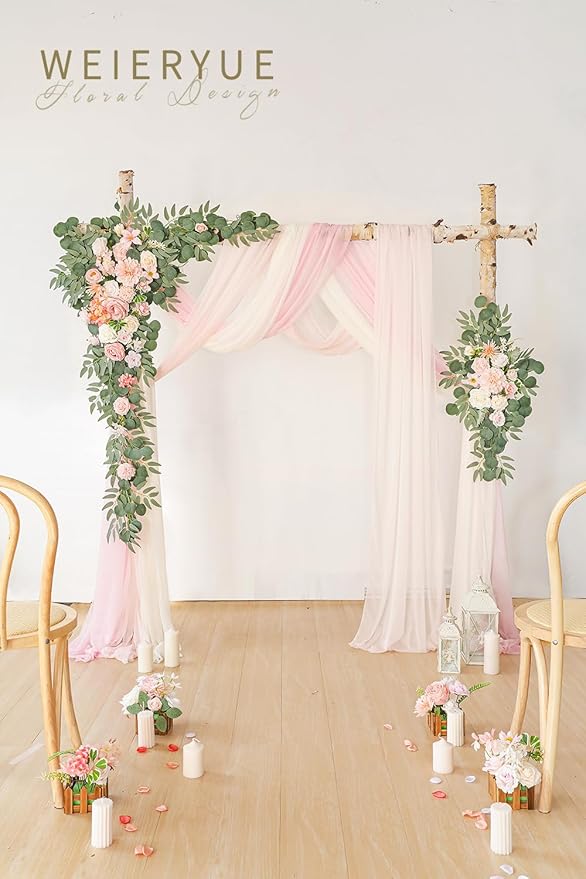 Deluxe Pink Artificial Wedding Arch Flowers with Drapes Kit-Pack of 5, 2pcs Flower Arrangements 3pcs Hanging Sheer Drapes Blue Ceremony Arbor Reception Backdrop Rose Floral Decorations.
