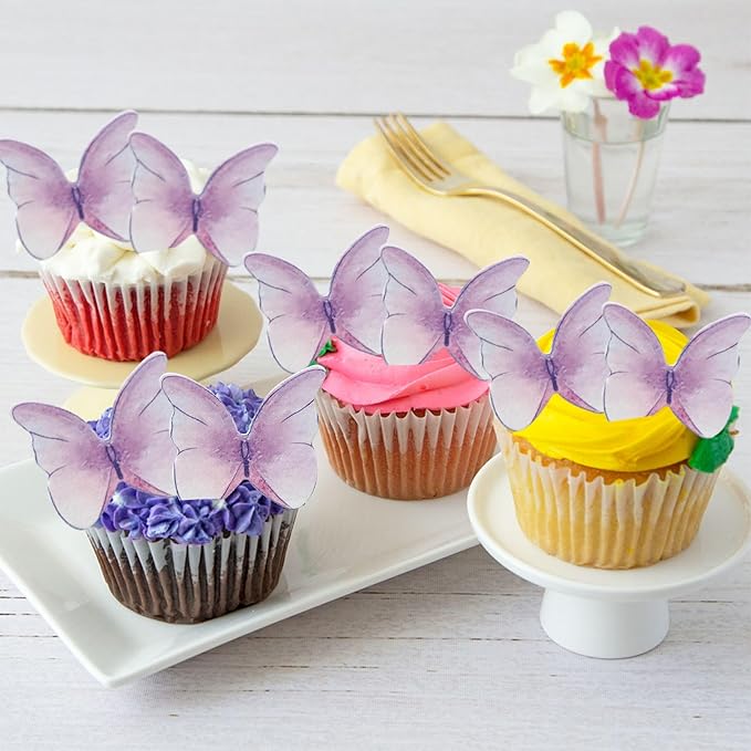 Ephlyn 48Pcs Edible Butterfly Cupcake Toppers Cute 3D Butterfly Cake Picks for Baby Shower Bridal Shower Boys Girls Birthday Party Cake Decorations Supplies Purple