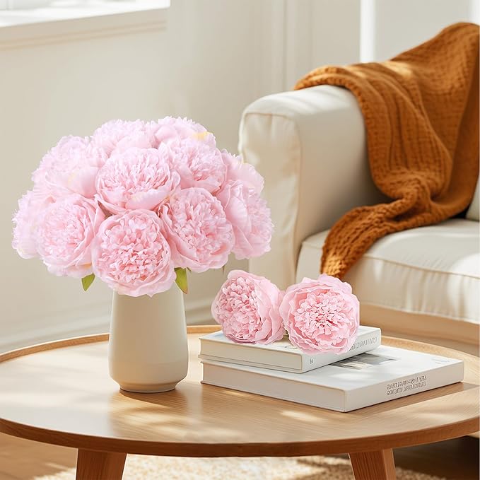 U'Artlines 20 Heads Artificial Peony Silk Flower Leaf Home Office Wedding Party Festival Bar Decor (Light Pink)