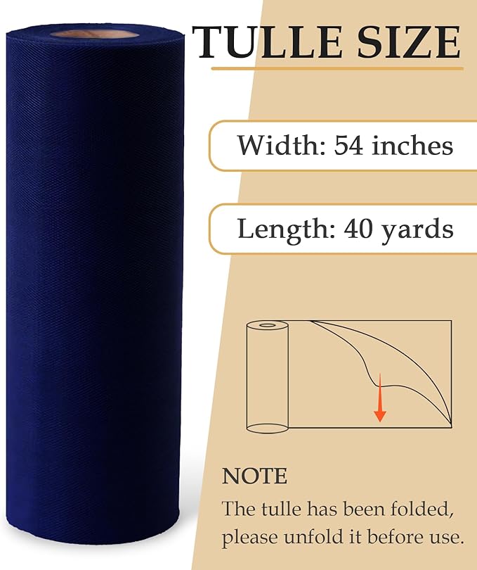 Navy Blue Tulle Fabric Roll, 54" x 40 Yards (120FT) Tulle for Wedding Decoration DIY Tutu Party Backdrop Baby Shower Table Skirts Gift Wrapping