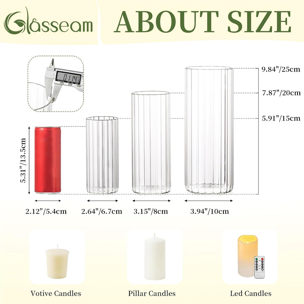 Glasseam Ribbed Glass Candle Holder, Cylinder Candle Holders for Pillar Candles, Clear Hurricane Candle Holder Set of 6, Decorative Floating Candle Vases for Centerpieces Wedding Table Decorations