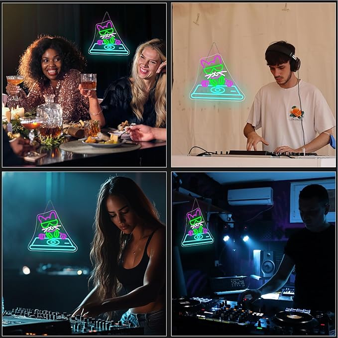 Cool DJ Cat Neon Sign – LED Wall Light for Bedroom, Game Room, Music Studio, or Bar, USB Powered, Dimmable, 14.9"x12.6"