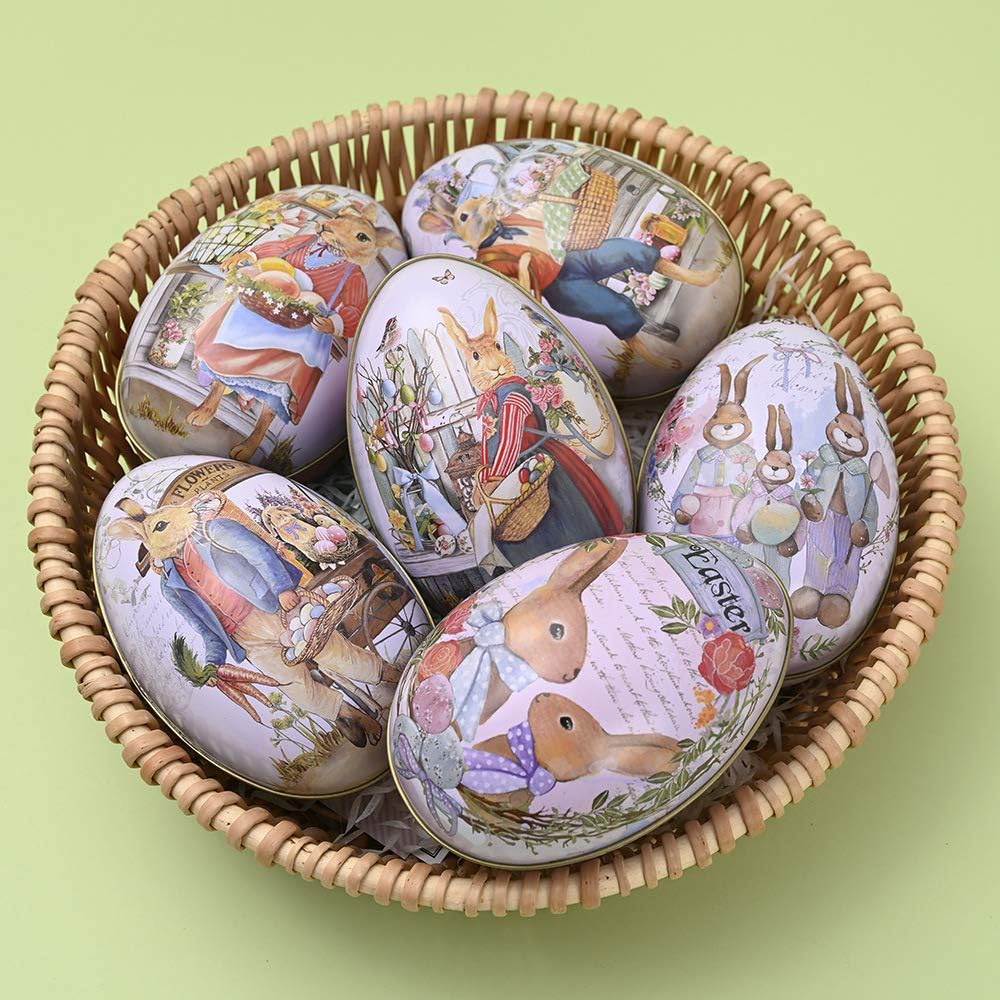 Rabbit Gardener Easter Egg Tin (Style E) - Retro Flower Market Themed Metal Treat Box, Durable Egg Shaped Keepsake Container for Candies & Jewelry