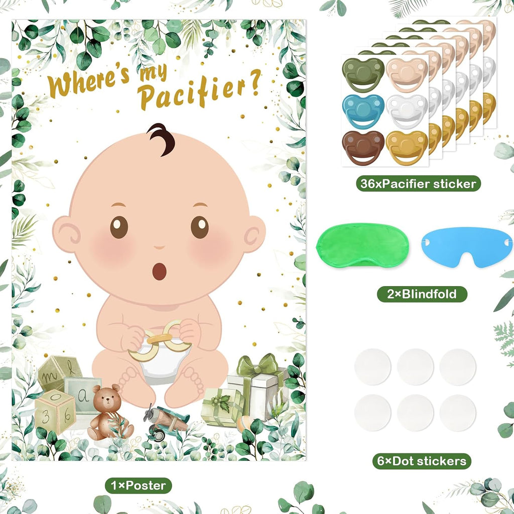 Hxezoc Baby Shower Games Pin The Pacifier On The Baby Game with 36 Pacifier Stickers, Large Green Baby Poster Games for Baby Shower Party Kids Birthday Party Supplies