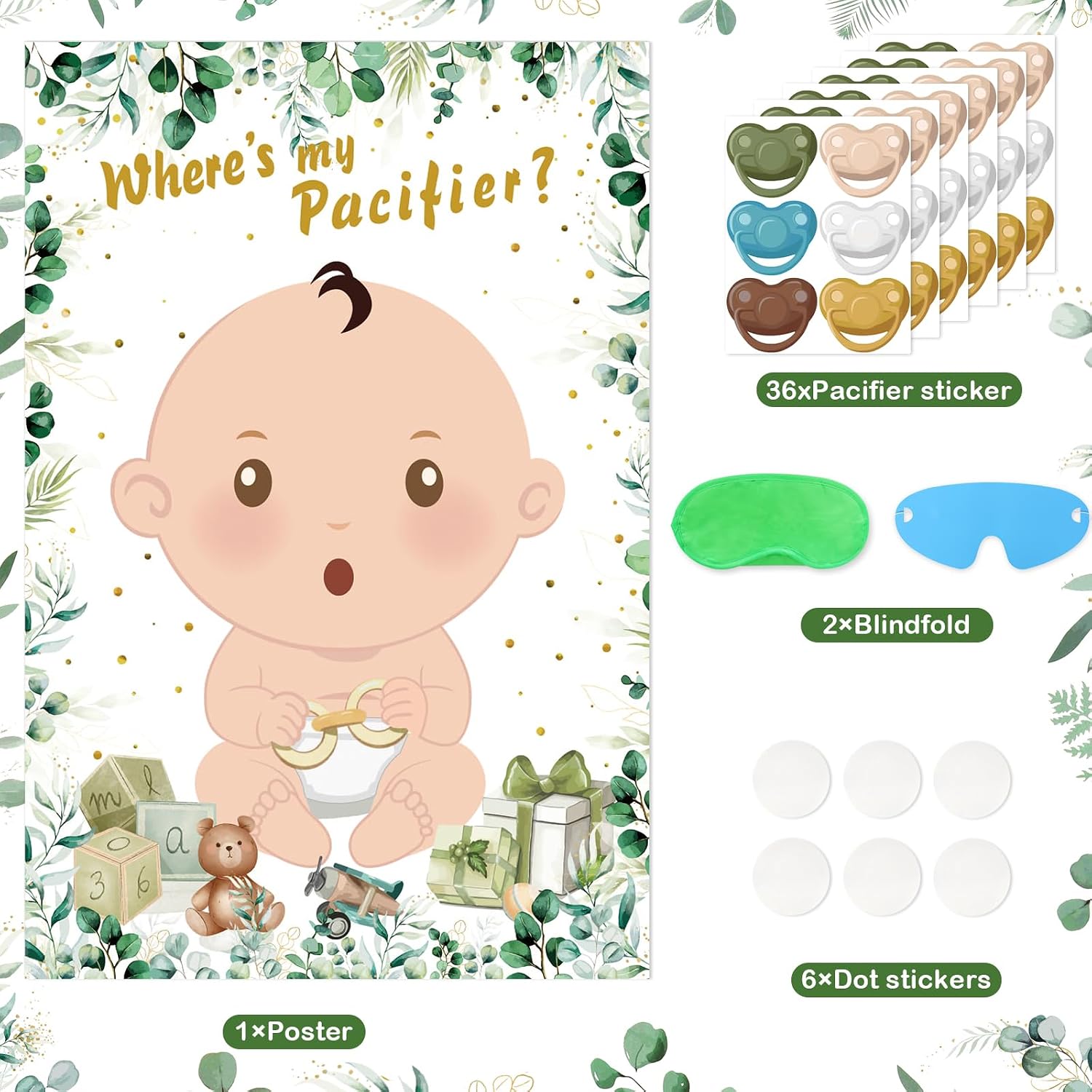 Hxezoc Baby Shower Games Pin The Pacifier On The Baby Game with 36 Pacifier Stickers, Large Green Baby Poster Games for Baby Shower Party Kids Birthday Party Supplies