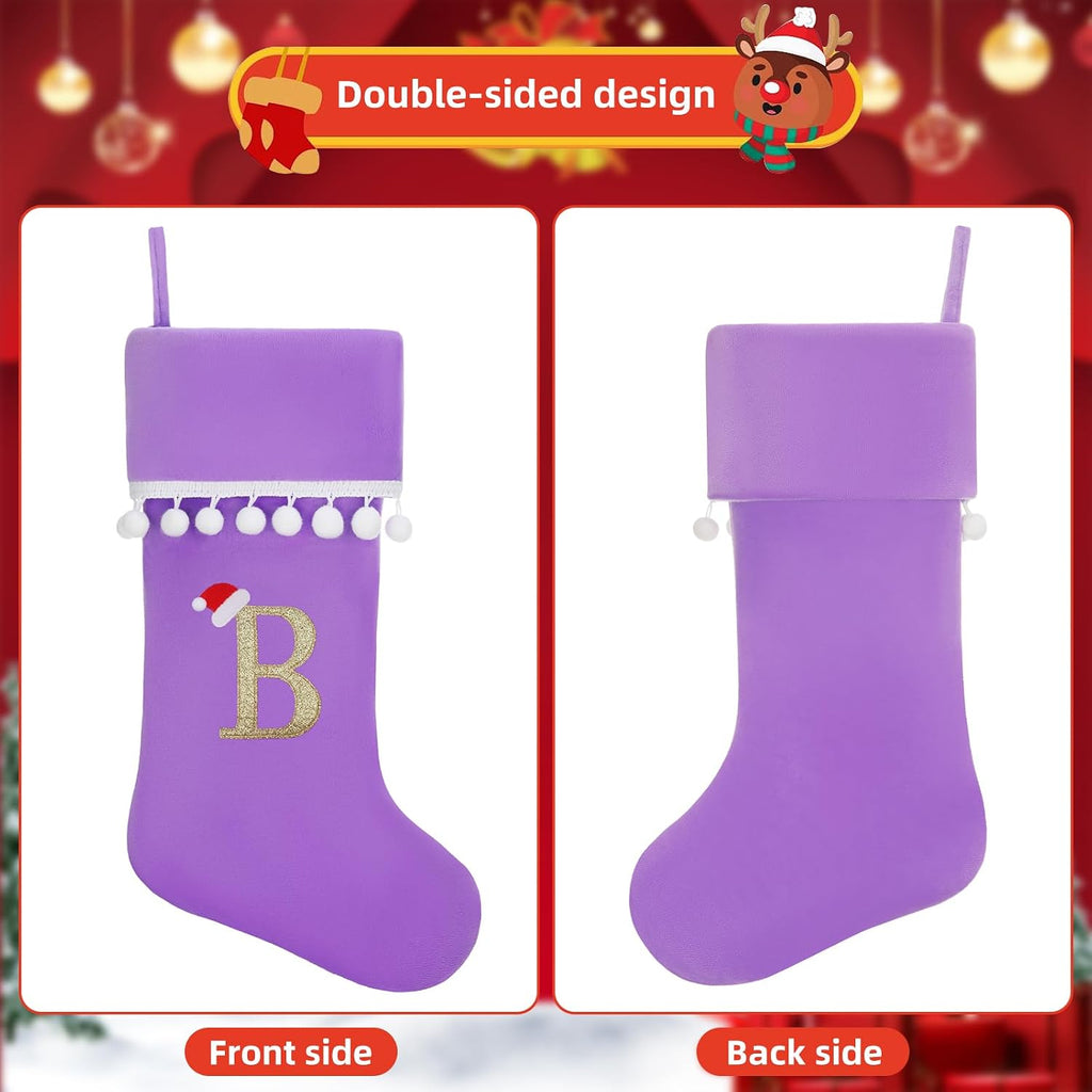 Personalized Christmas Stocking - 19 Inch Purple Velvet Stockings, Embroidery Initial with White Pom Pom Trim, Holiday Fireplace Mantel & Xmas Party Decor, Letter A