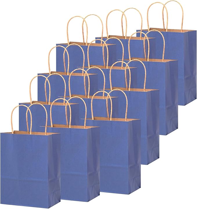 qiqee 50-Packs Gift Bag with Handles Bulk Kraft Deep Blue Paper Bags Multiple Uses (8.3"x3"x6"inch Small Size)