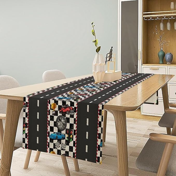 Race Car Table Runner,Checkered Flag Black and White Race Cars Pattern Print Tablecloth Burlap for Hotel Indoors Outdoor Dining Room Kitchen Home Decor,W13X L70 in
