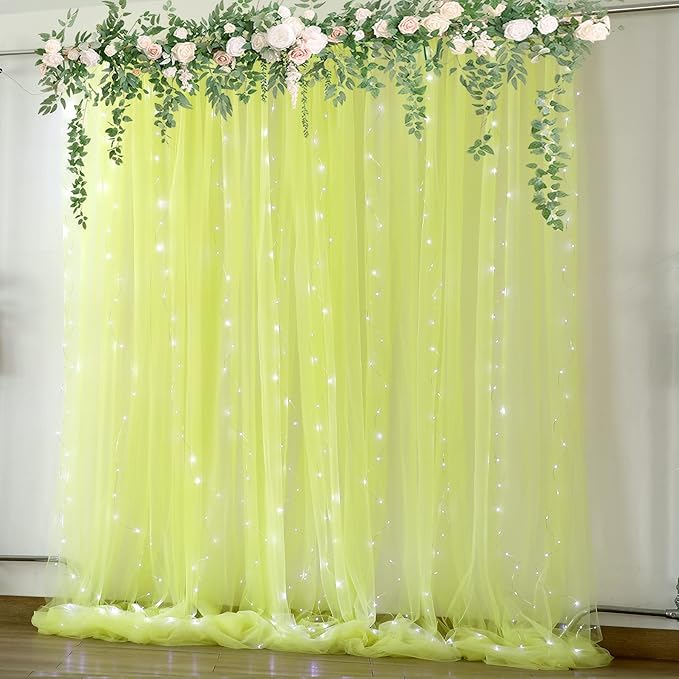 Yellow Sheer Tulle Backdrop Curtains with Lights String for Birthday Party Photoshoot 2 Panels 5×10ft Yellow Backdrop Curtains for Baby Shower Wedding Background Decorations