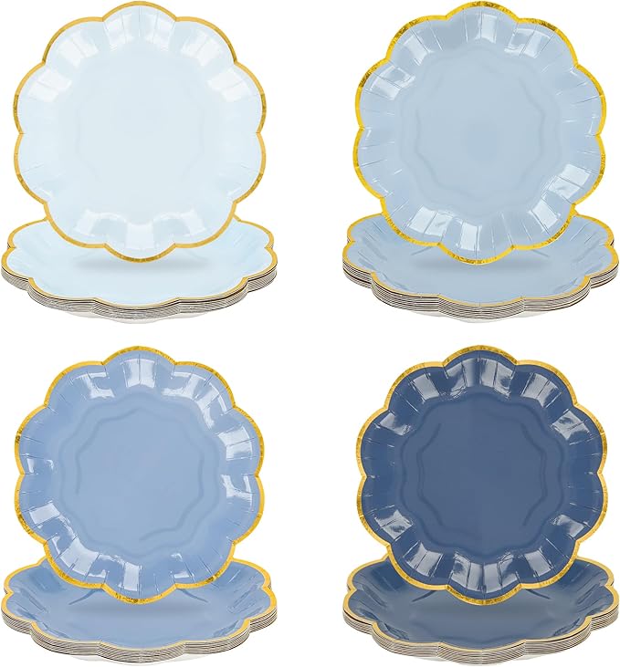 Dusty Blue Party Plates Gradient Blue Dessert Paper Plate 7inch Gold Foil Scalloped Edge Disposable Cake Plates for Father’s Day Birthday Bridal Baby Shower Wedding Party Supplies