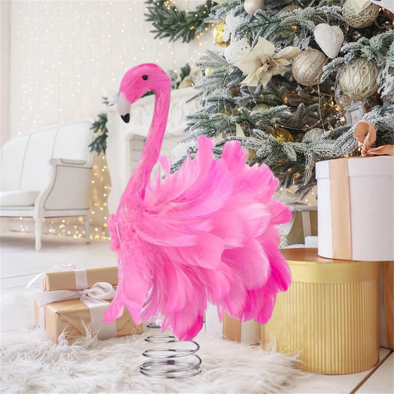 Pink Flamingo Christmas Tree Topper, Fluffy Feather Flamingo Tree Topper, Tropical Summer Tree Ornaments Christmas Tree Decor for Holiday Xmas Party Home (Pink, One Size)
