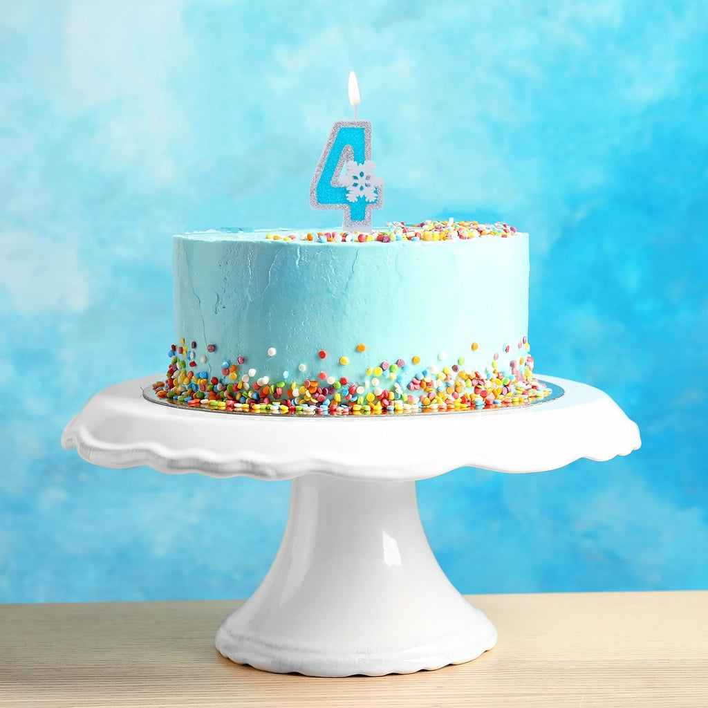 Blue Frozen Birthday Party Decorations, White Snowflake Number Candles 0-9, Kids Adults Birthday Anniversary Wedding Party Supplies, 2.87 inch Number 4 Cake Topper Decoration (Blue, Number 4)