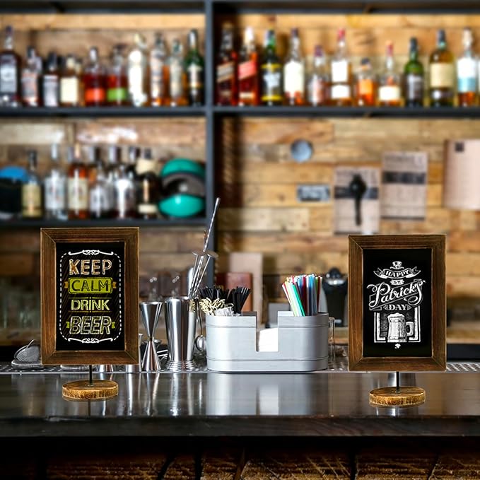 MyGift Set of 2, 12 Inch Chalkboard Sign with Burnt Wood Rectangular Frame and Round Base, Rustic Wedding Table Place Card Signage, Small Kitchen Countertop Memo Board