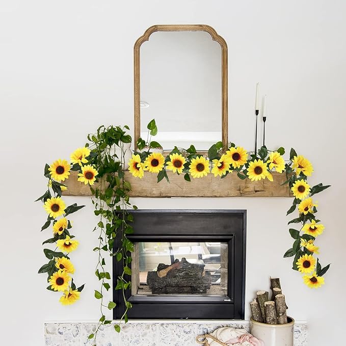 Uieke 12PCS Artificial Sunflower Garland, 7.5ft/Strand Silk Sunflowers Hanging Vines Flowers with Green Leaves for Room Kitchen Garden Birthday Wedding Baby Shower Party Table Decor Large