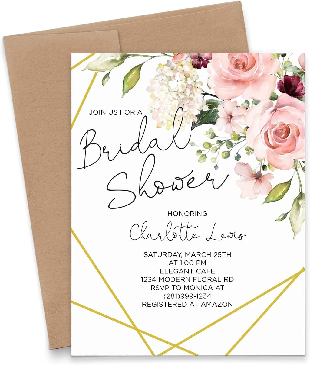 Modern Pink Paper Floral Bridal Shower Invitations, Elegant Bridal Shower Invitations, Your choice of Quantity and Envelope Color