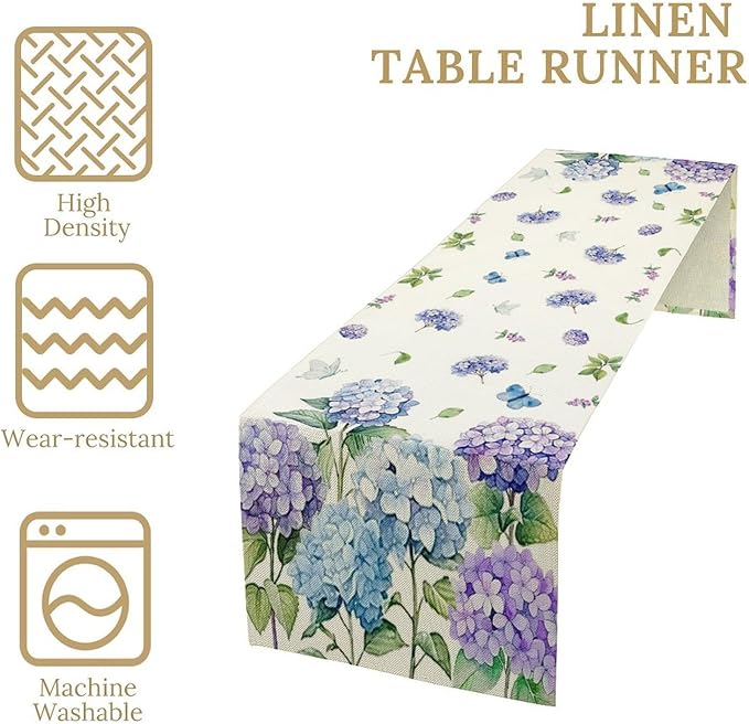Spring Hydrangea Flower Table Runner, Seasonal Summer Plants Watercolor Florals Butterfly Dinner Runner for Home Kitchen Dining Table Party Holiday Decoration 13"x108"