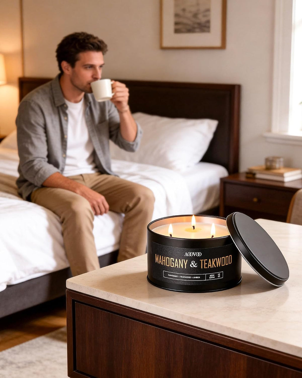 AOOVOO Mahogany Teakwood Candles for Men - 3 Wick 12oz Large Scented Candle, Long Lasting Soy Candles for Home Scented, Strong Fragranced Masculine Black Candle Gift for Father Day, Women & Men