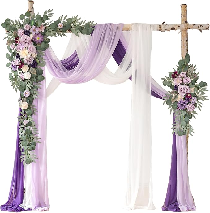 Deluxe Purple Artificial Wedding Arch Flowers with Drapes Kit-Pack of 5, 2pcs Flower Arrangements 3pcs Hanging Sheer Drapes Blue Ceremony Arbor Reception Backdrop Rose Floral Decorations.