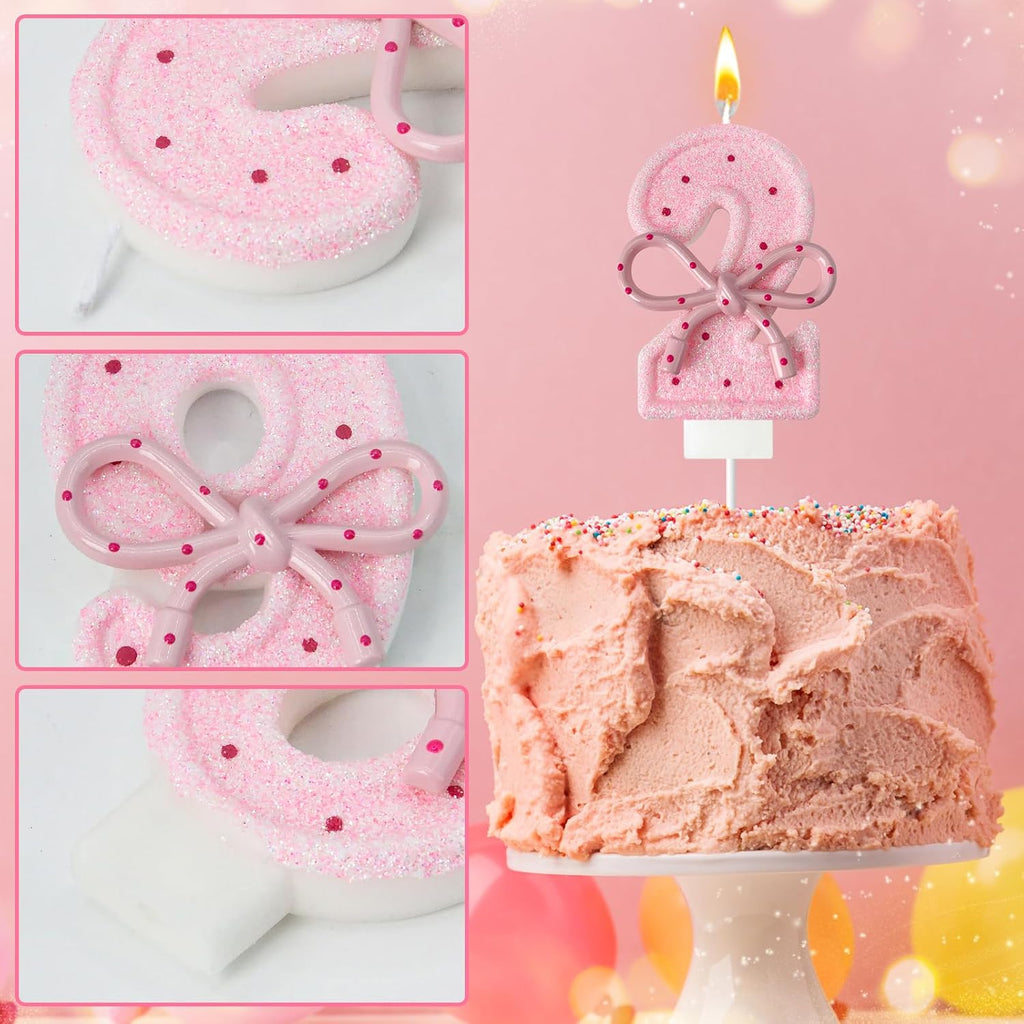 Pink Birthday Candles with Bows, 3.3 Inch Birthday Candles for Cake Decorations, Cute Anniversary Celebration Supplies for Girls and Women (2)