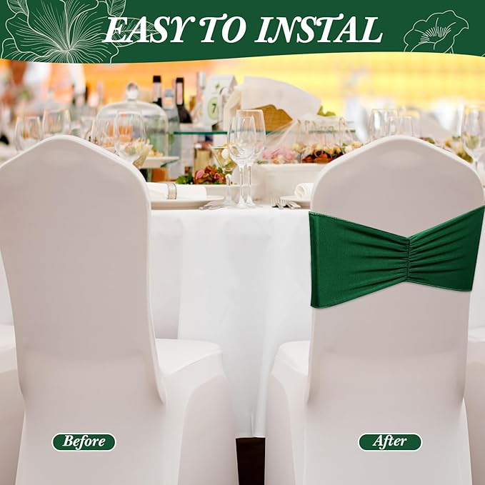Moukeren 100 Pcs Spandex Chair Sashes Bows Bands Slider Sashes for Chair Covers Elastic Bands Ties Ribbon Decorations for Wedding Party Events Ceremony Birthday Banquet (Dark Green)