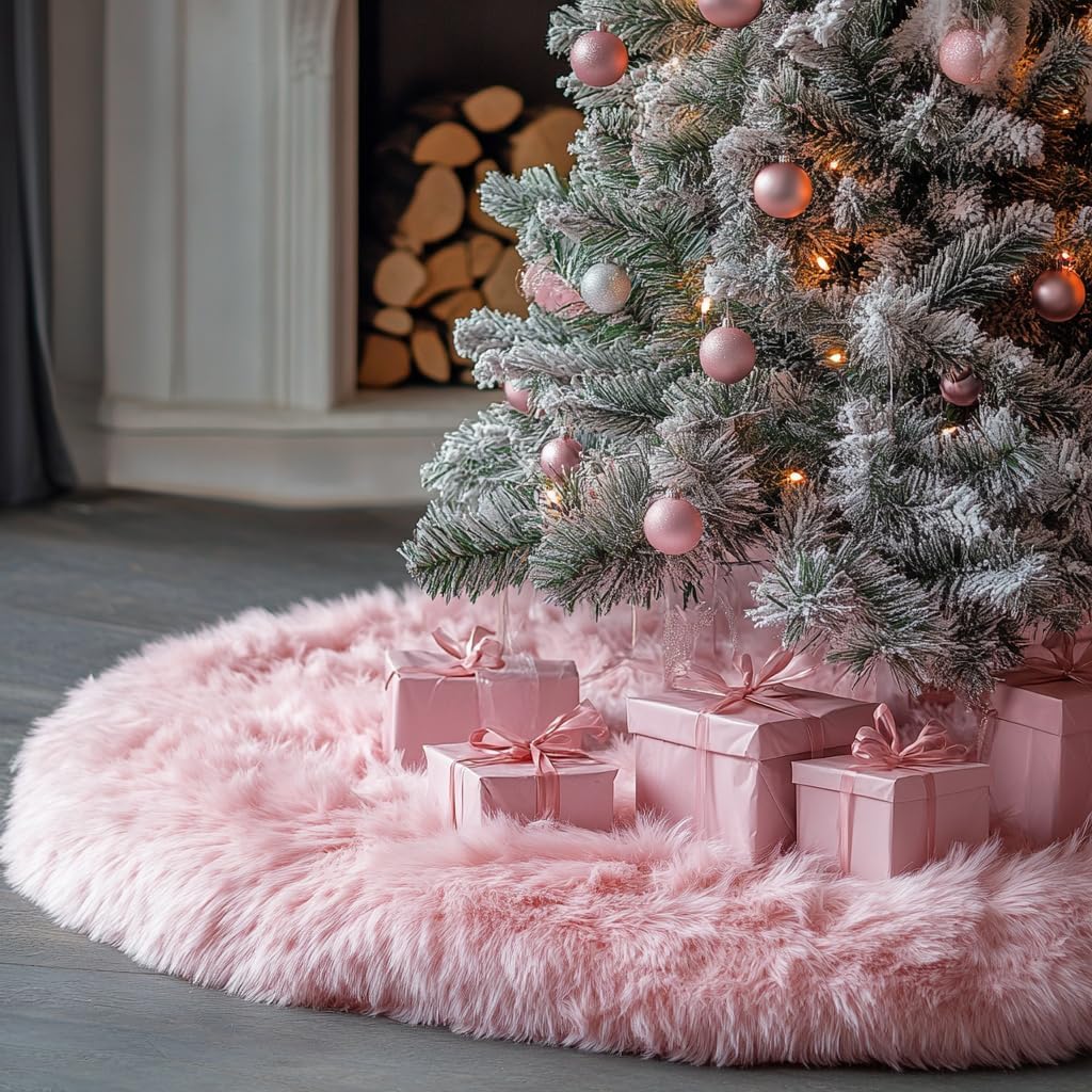 72 Inch Pink Christmas Tree Skirt Plush Decoration for Merry Christmas Party - Faux Fur Christmas Tree Skirt Decorations