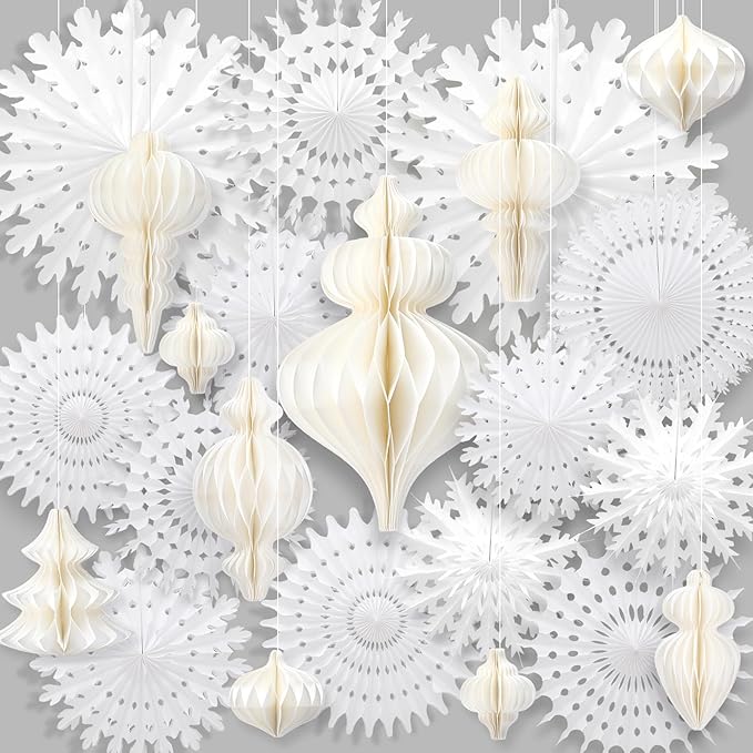 Cinnvoice 16 Pcs White Paper Snowflake Decorations 12 Pcs Christmas Paper Honeycomb Balls Ornaments Xmas Hanging Decorations Birthday Party Supplies for Christmas Tree Winter Party Wonderland