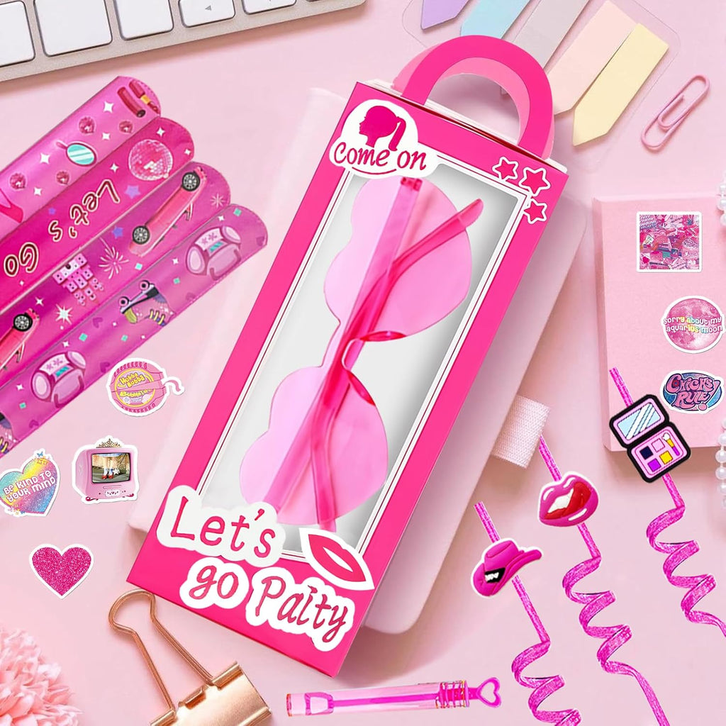 CHSLtmxq 122 PCS Pink Party Favors, Toy Goodie Bag Stuffers, Princess Set | 122pcs pink toy party favors and goodie bag stuffers with gift boxes, glasses, bracelets, straws, wands, and stickers.