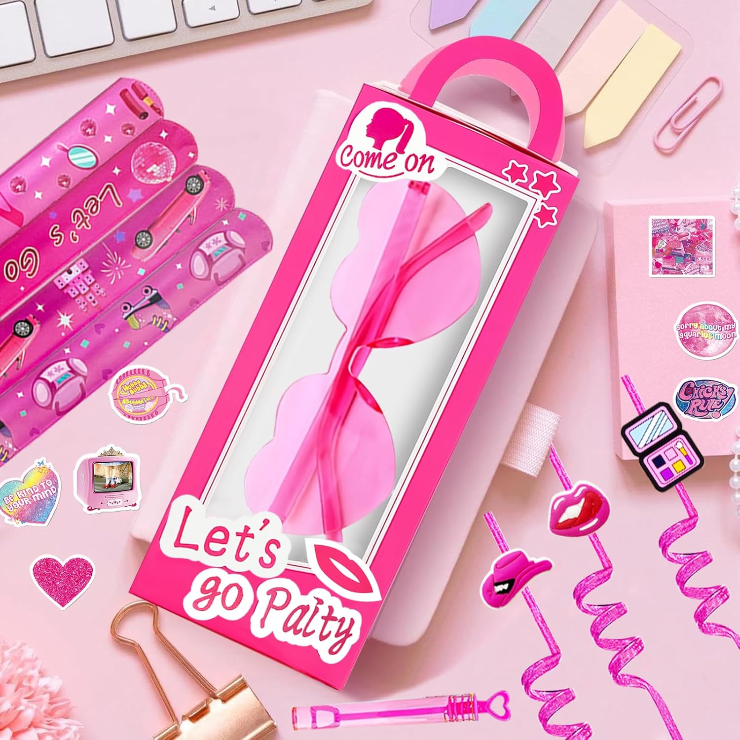 CHSLtmxq 122 PCS Pink Party Favors, Toy Goodie Bag Stuffers, Princess Set | 122pcs pink toy party favors and goodie bag stuffers with gift boxes, glasses, bracelets, straws, wands, and stickers.