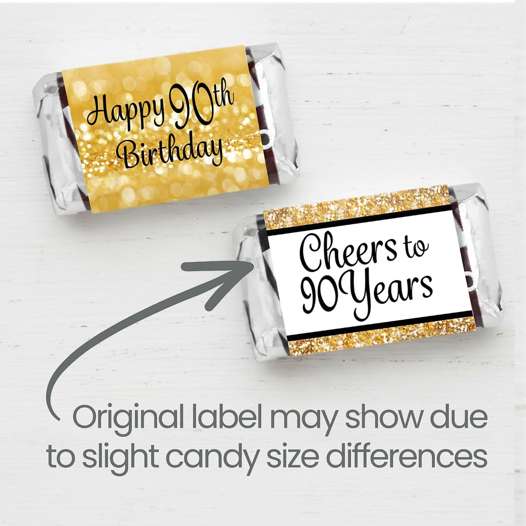 Black and Gold 90th Birthday Party Mini Candy Bar Wrappers, 90th Birthday Decorations - 42 Stickers