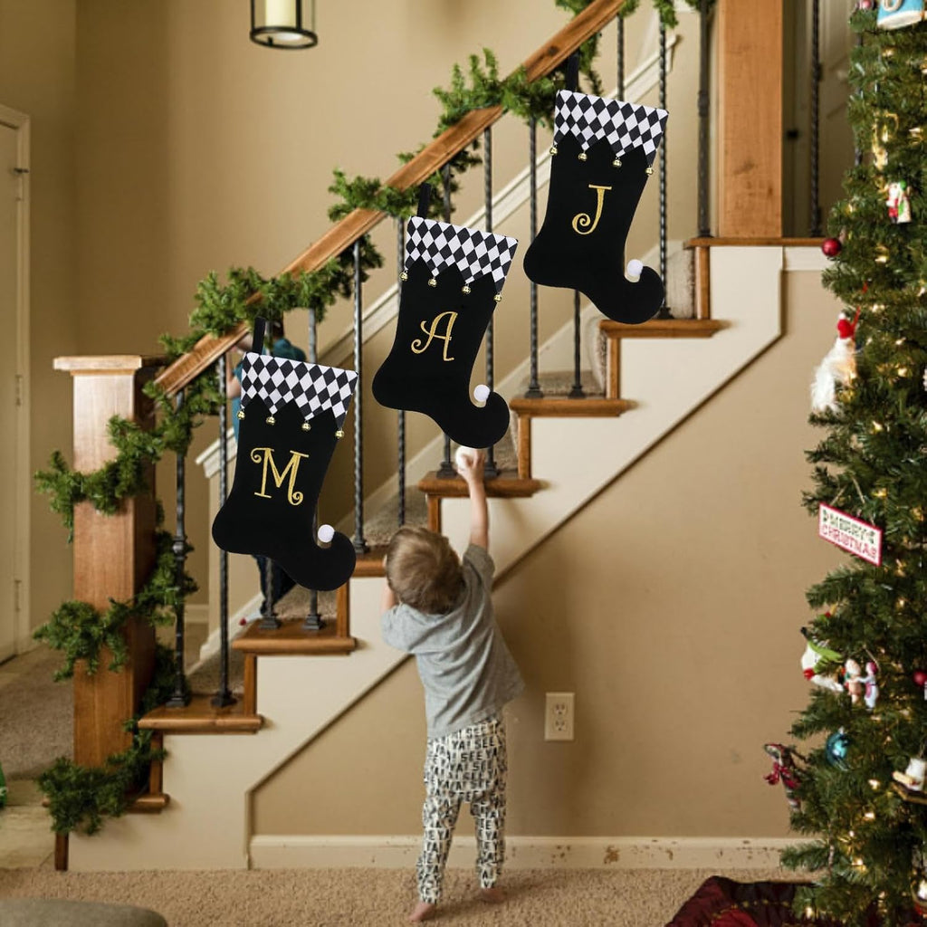 Personalized Elf Christmas Stocking,Black Velvet w/Gold Initial | 19"Black Velvet Christmas stocking,Checkered Cuff & golden jingle Bells,Holiday decor for Fireplace mantel/gifting-Letter J