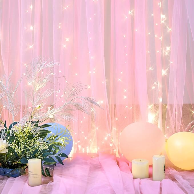Pink Tulle Backdrop Curtains with Lights String for Parites 10ft×8ft Wrinkle Free Pink Sheer Sparkle Backdrop Curtains for Baby Shower Girls Bridal Shower Birthday Party Photo Shoot Decorations