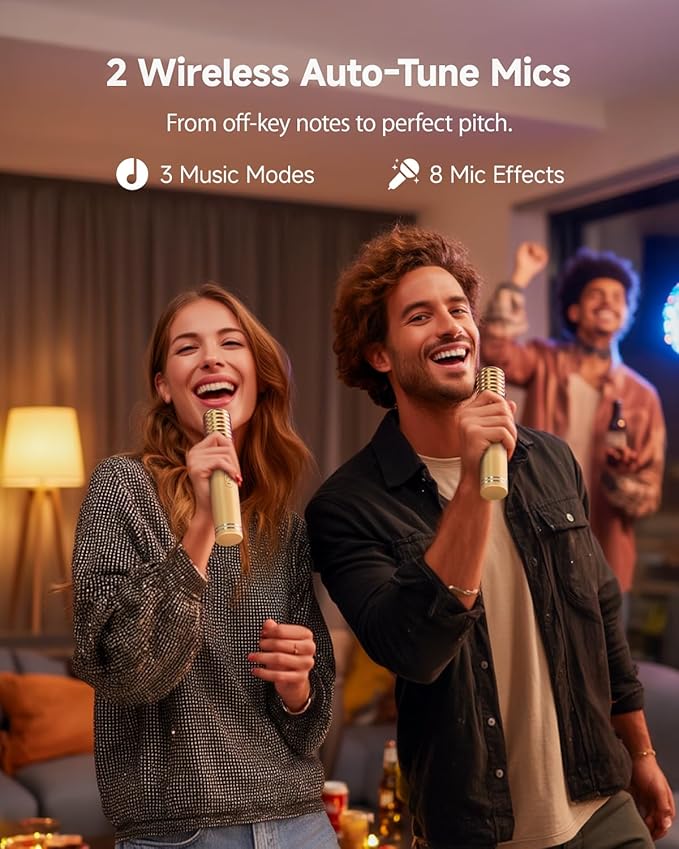Ikarao Karaoke Machine for Adults, with Lyrics Display Screen, 2 Self-Charging Wireless Microphones, Autotune & EQ, 140W Speaker, Connect TV, Portable Karaoke System for Home, Family, Party, Travel