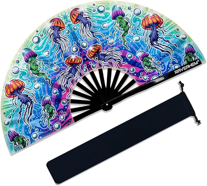 13" Large Rave Fan Bamboo, Folding Clack Hand Fans Foldable for Men Women, Boots on the Ground Poping Fan for EDM Festival Line Dance Decoration, (Jellyfish, Large 13")